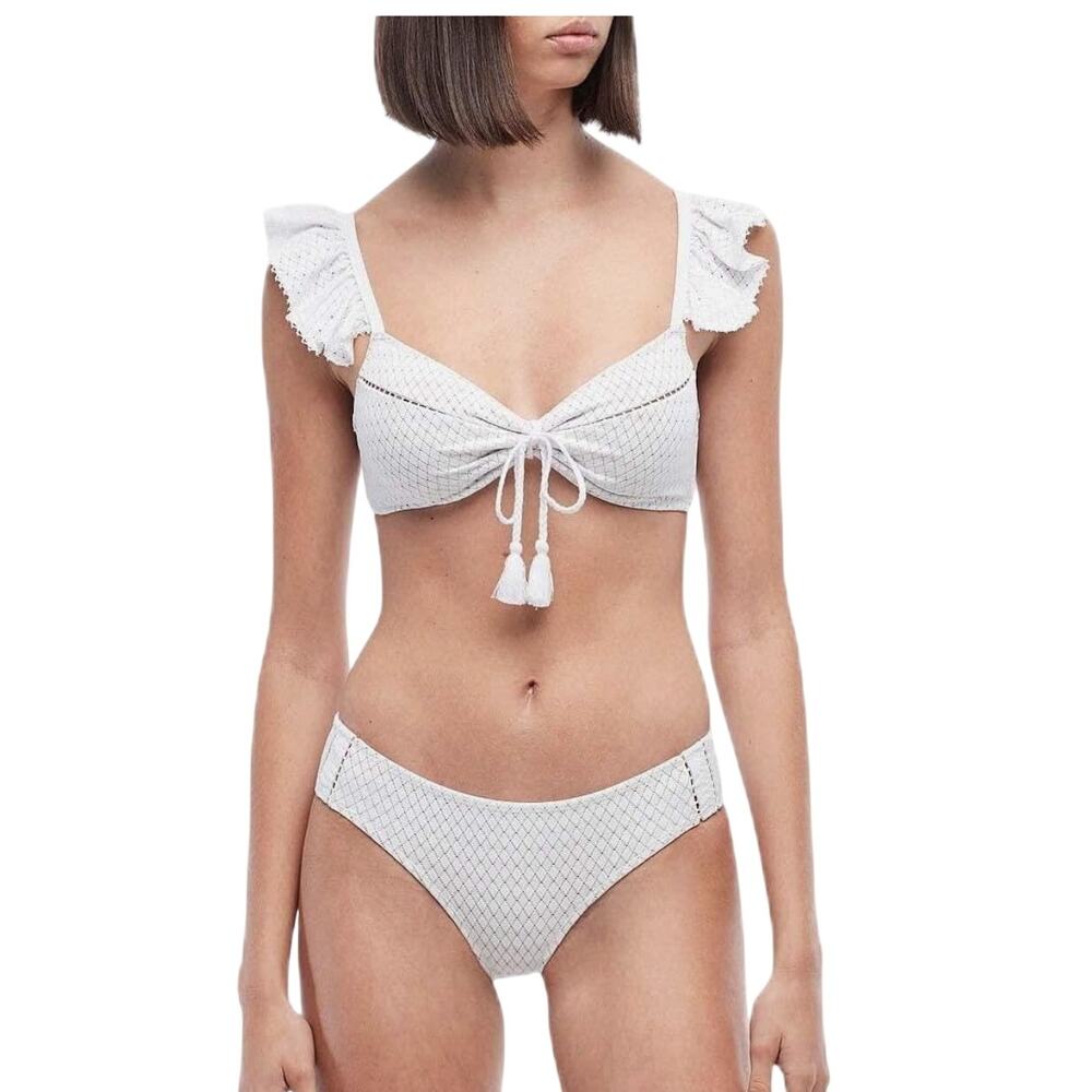 Jonathan Simkhai crochet Lace Ruffle Bikini Set M Off White Beach Resort *flaw